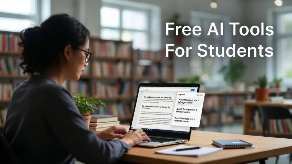 “Student using Grammarly to improve essay writing, showing grammar suggestions, highlighting free AI tools for students.