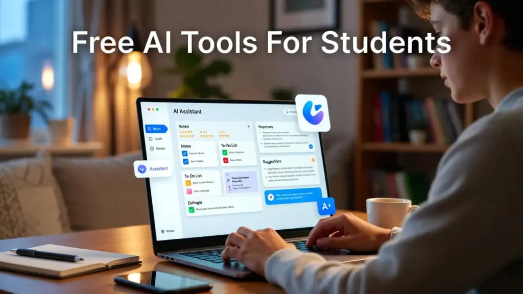 Student using Notion AI on a laptop to organize notes and to-do lists, representing free AI tools for students.”