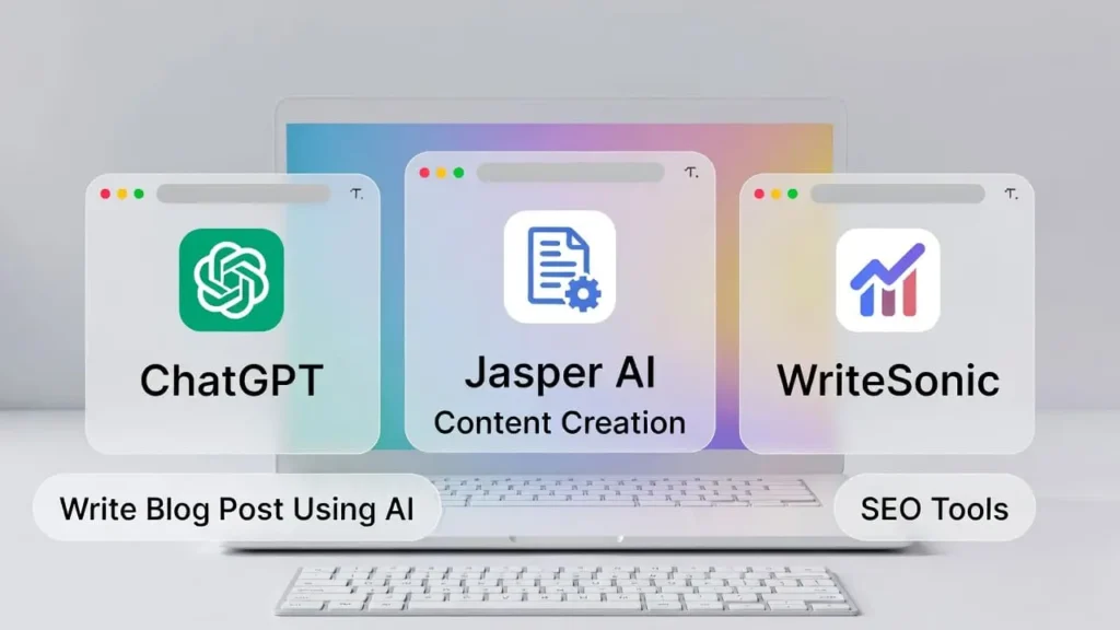“Illustration of a laptop with AI tools open, showing how to write a blog post using AI for content creation.”