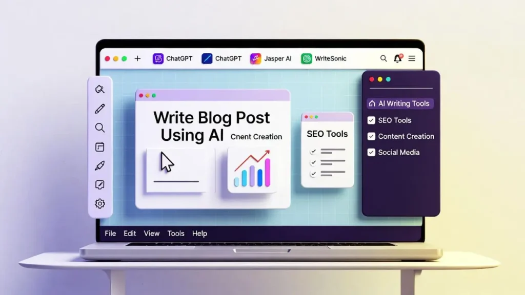 Person writing a blog post on a laptop using AI tools with notebook and coffee on the desk.”