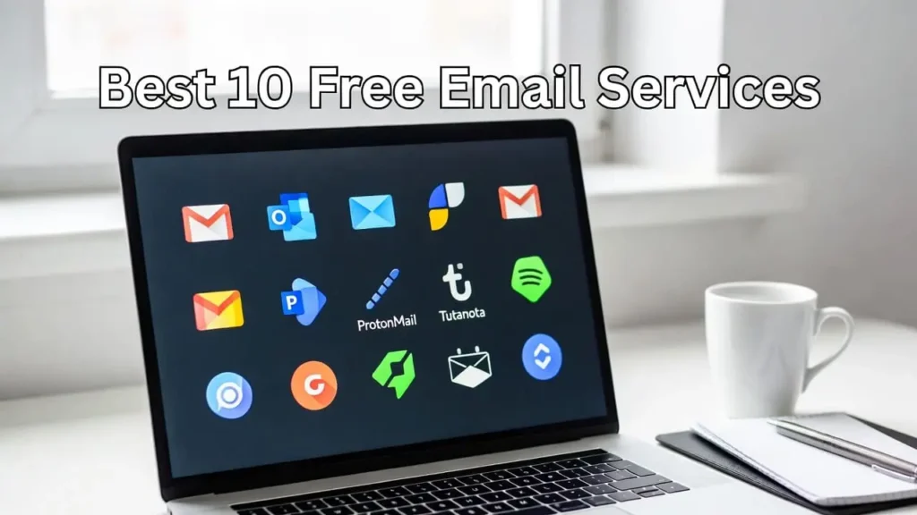 Collage of top email service icons in a digital cloud, representing best 10 free email services 2026. 