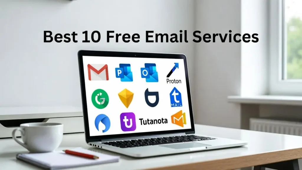 Smartphone screen with multiple email apps open, notifications visible, highlighting best 10 free email services 2026.