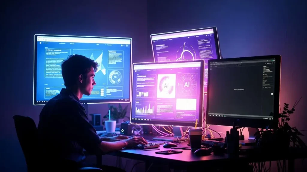 Person using multiple AI websites on computer screens, representing free AI tools in 2026.” free ai websites