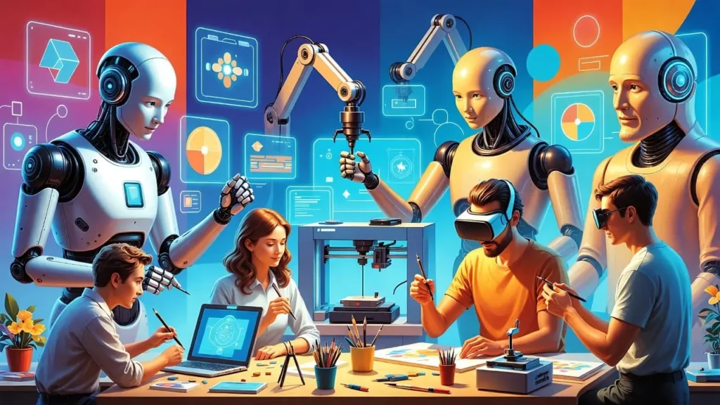 “Illustration of AI assisting humans in creative work, symbolizing free AI productivity tools.” free ai websites