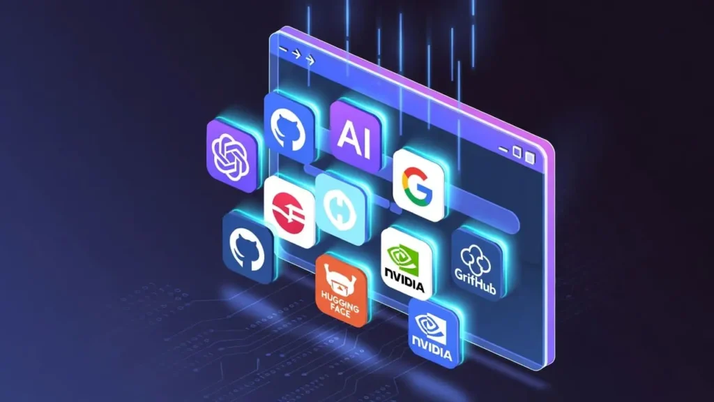 “Browser showing AI website icons with glowing effects, representing powerful free AI tools.” free ai websites