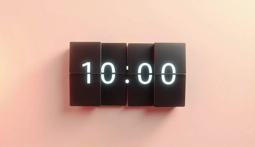 10 minute countdown timer with flip animation on pastel pink-beige background, digital UI.