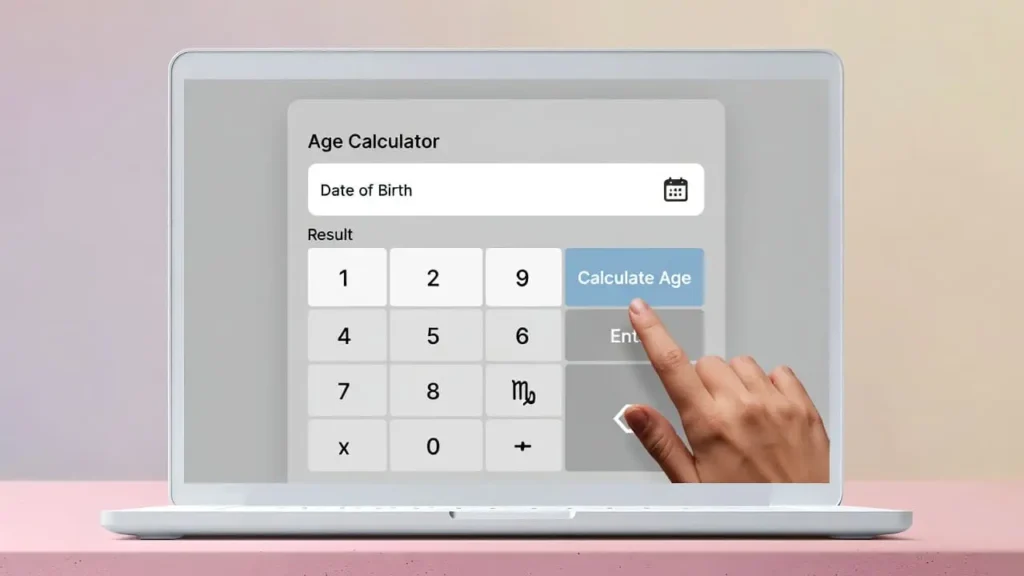 Online Age Calculator interface showing exact age, next birthday countdown, and zodiac sign on pastel pink-beige background