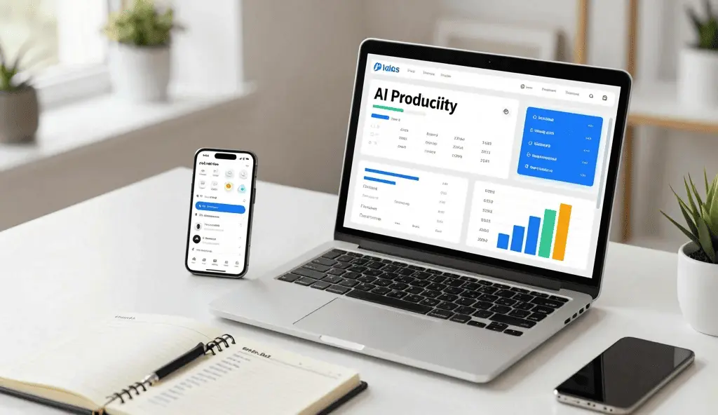 “Free AI Tools for Productivity shown on laptop and smartphone for beginners to improve workflow efficiency.”