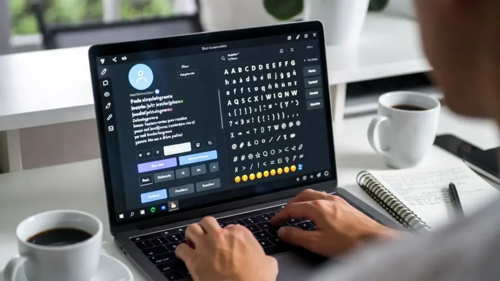 User designing a stylish Instagram bio with unique fonts and emojis on a laptop in a modern workspace.” how to look premium on Instagram . look premium on instagram Look premium on Instagram