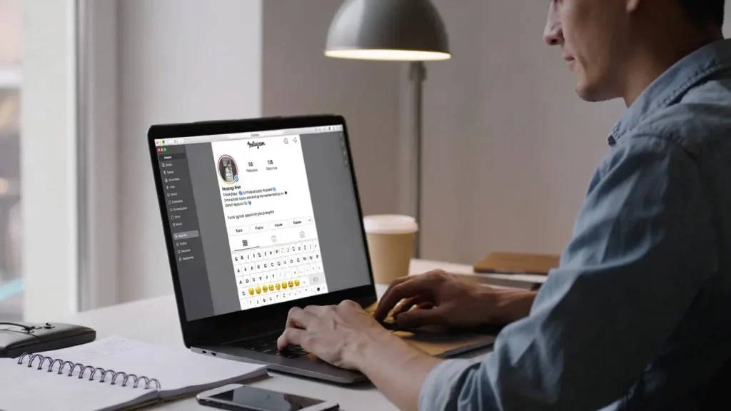 “User creating a stylish Instagram bio with fonts and emojis on a laptop in a clean workspace.” . Instagram Bio Ideas 