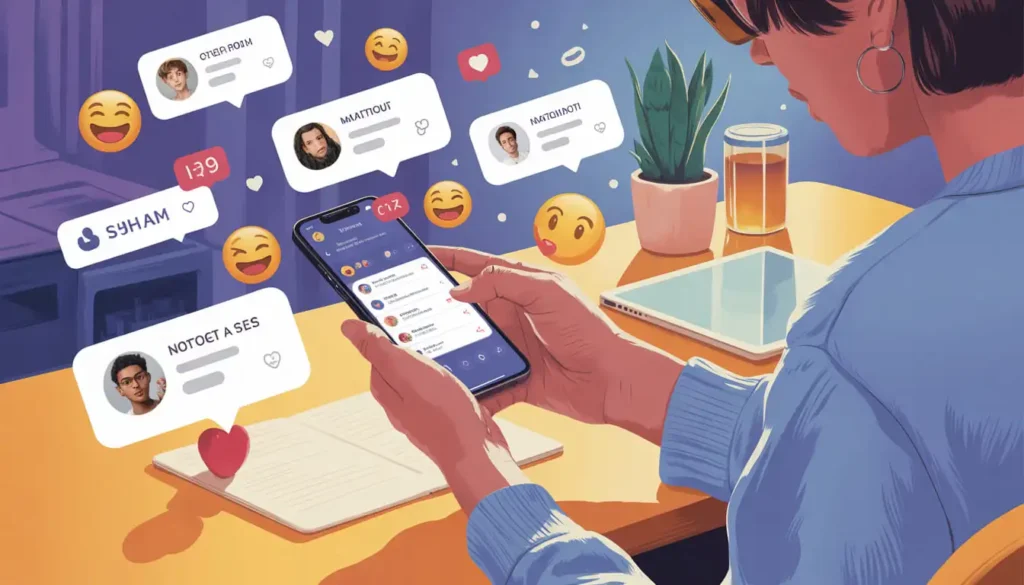 Person using a smartphone with stylish bio and social media engagement notifications.
